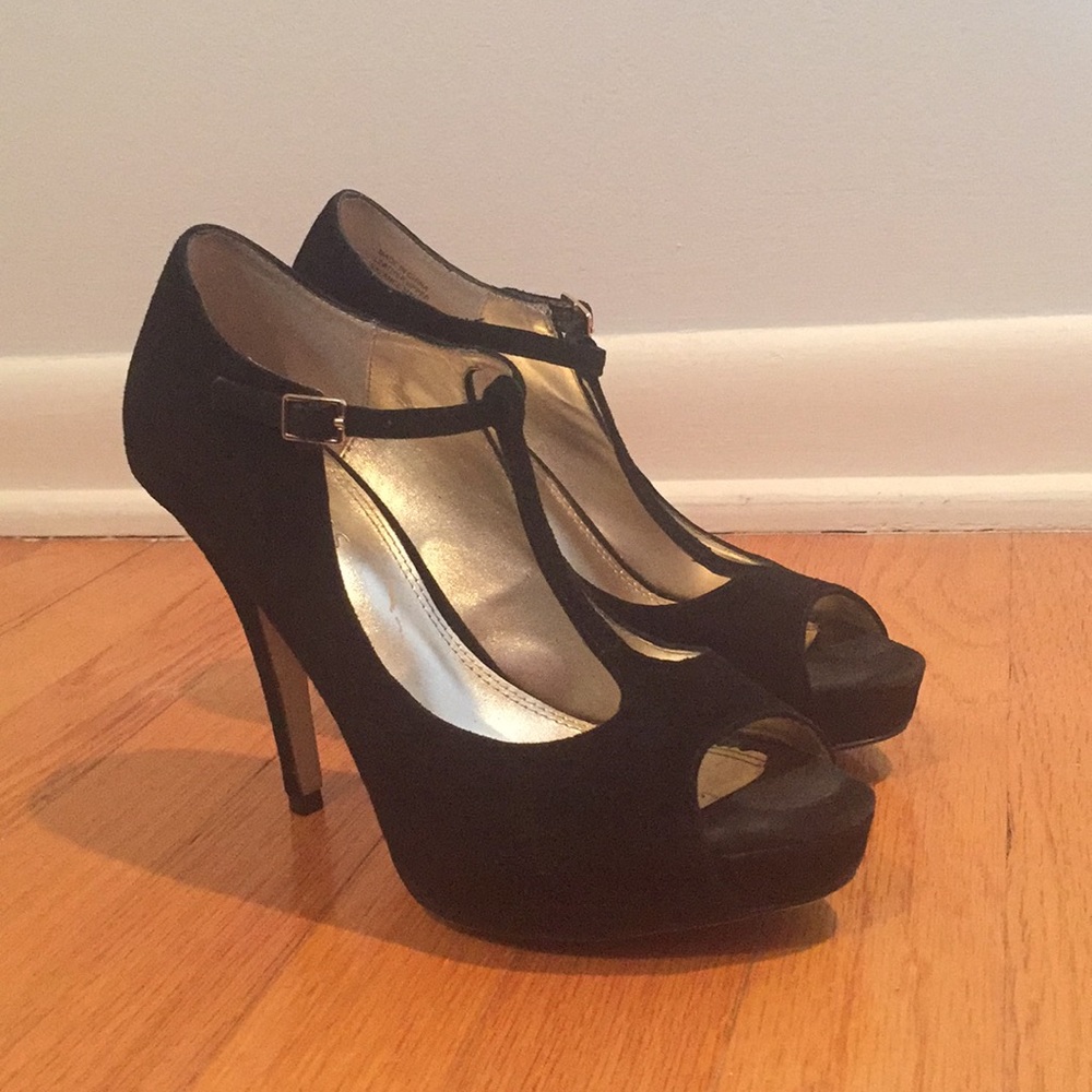 Faux suede peep toe high heels